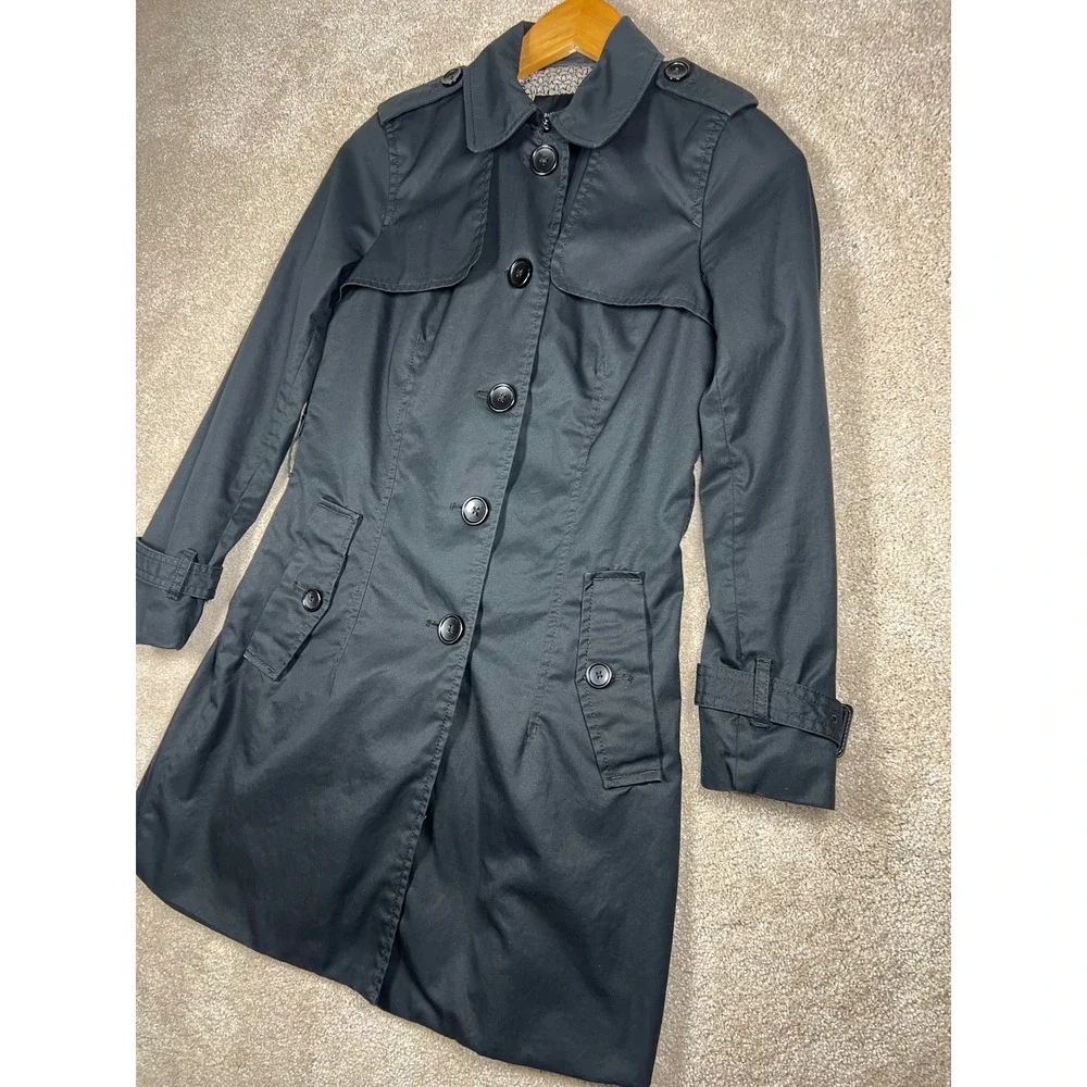 Banana Republic Black Trench Coat XS Petite‎ Preppy Classic Star Print Lining